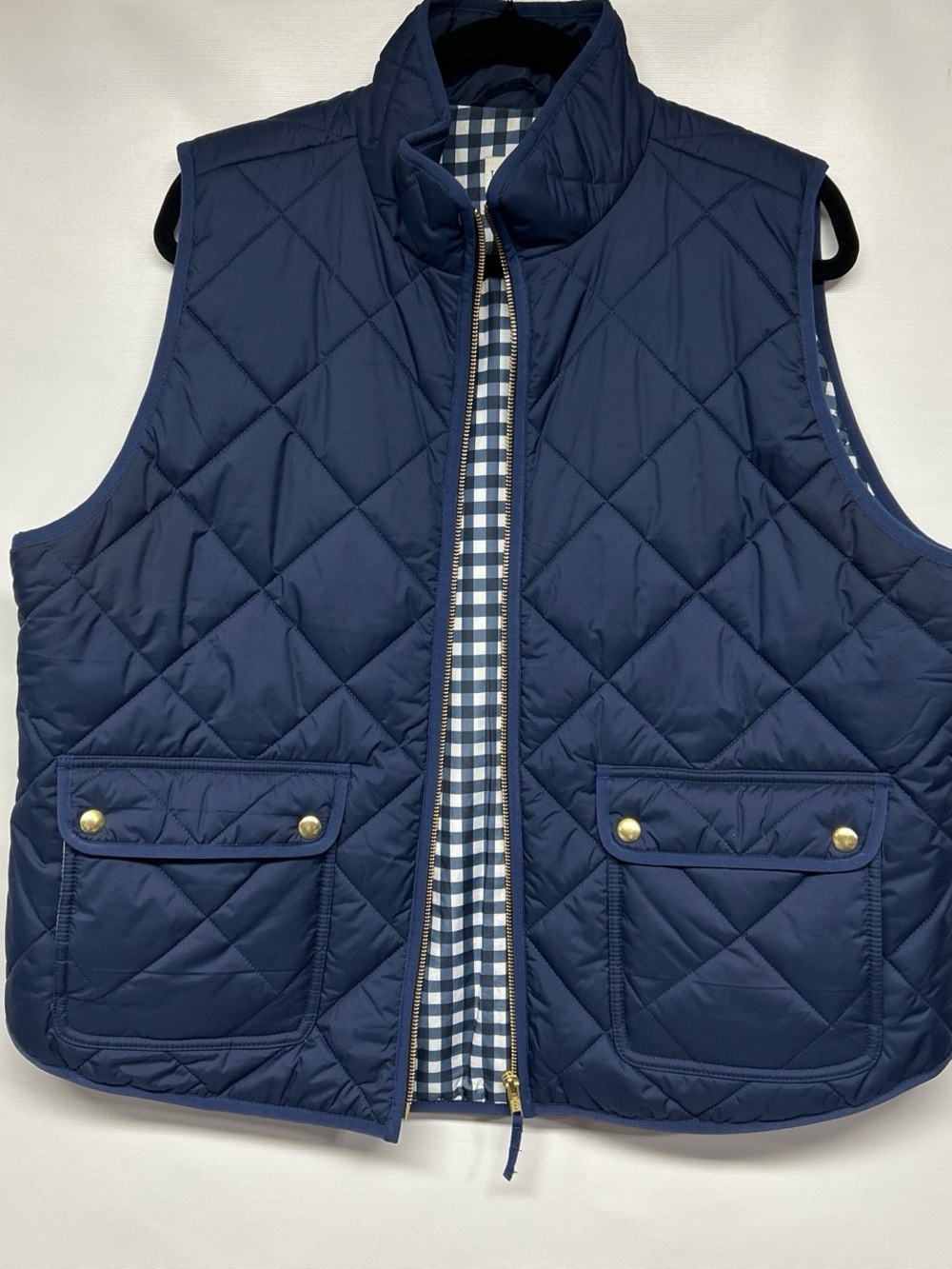 J. Crew Girls' Navy Quilted Vest with Gingham Trim